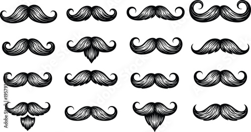 mustache, collection, vintage, hipster, beard, facial, hair, style, retro, barber, grooming, silhouette, design, classic, vector, illustration, isolated, trendy, set, icons