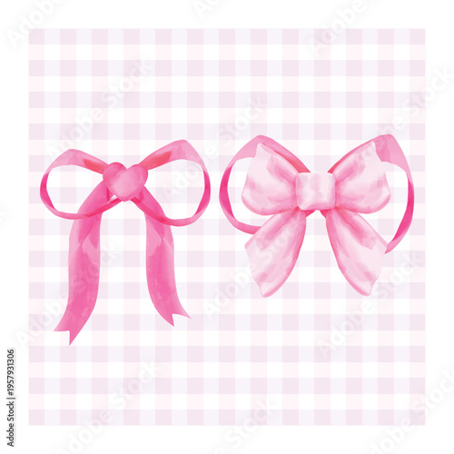 Cute coquette pink bow ribbon vintage watercolor style vector illustration.