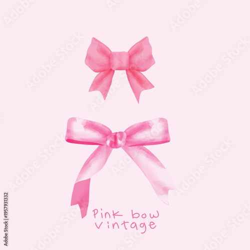 Cute coquette pink bow ribbon vintage watercolor style vector illustration.