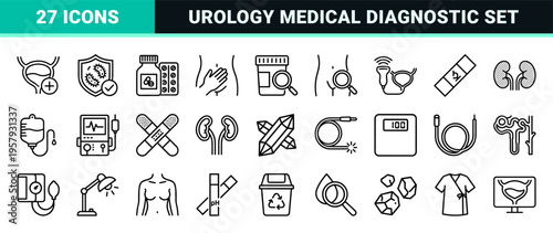 Urology and Nephrology Healthcare UI Elements: Minimalist Monoline Geometric Line Art for Medical Diagnostics and Renal System Health.