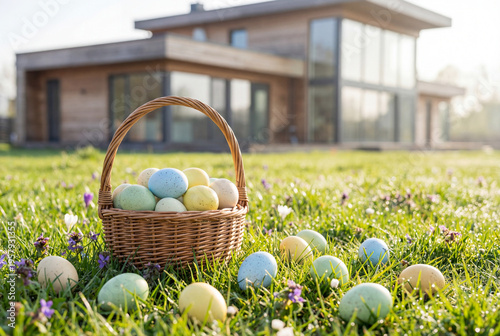 Wicker basket of colorful easter eggs on green grass for a holiday egg hunt