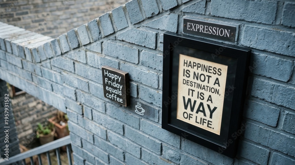 Naklejka premium Framed Quote and Small Sign on Brick Wall Featuring Motivational Messages About Happiness and Coffee
