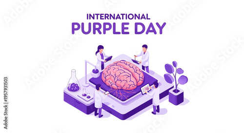 Illustration of medical professionals examining a brain on International Purple Day for epilepsy awareness with purple theme and health symbols.