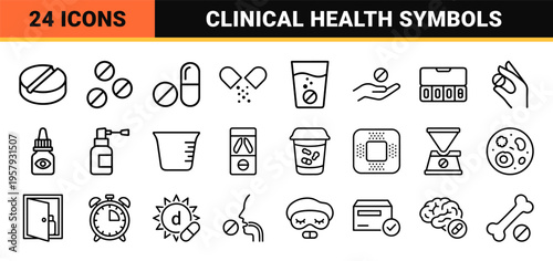 Medical Pharmacy Line Icons: Minimalist Monoline Geometric Pharmaceutical Symbols for Healthcare Apps and Clinical Medication Packaging Design.