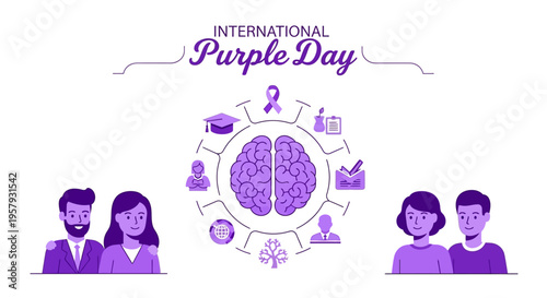 Illustration of people supporting epilepsy awareness with a purple brain graphic on International Purple Day against a clean white background.