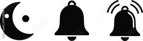 Night time notification icons, alarm bell alert symbols, sleep mode concept, digital reminder, silent mode, moon icon, flat vector illustration