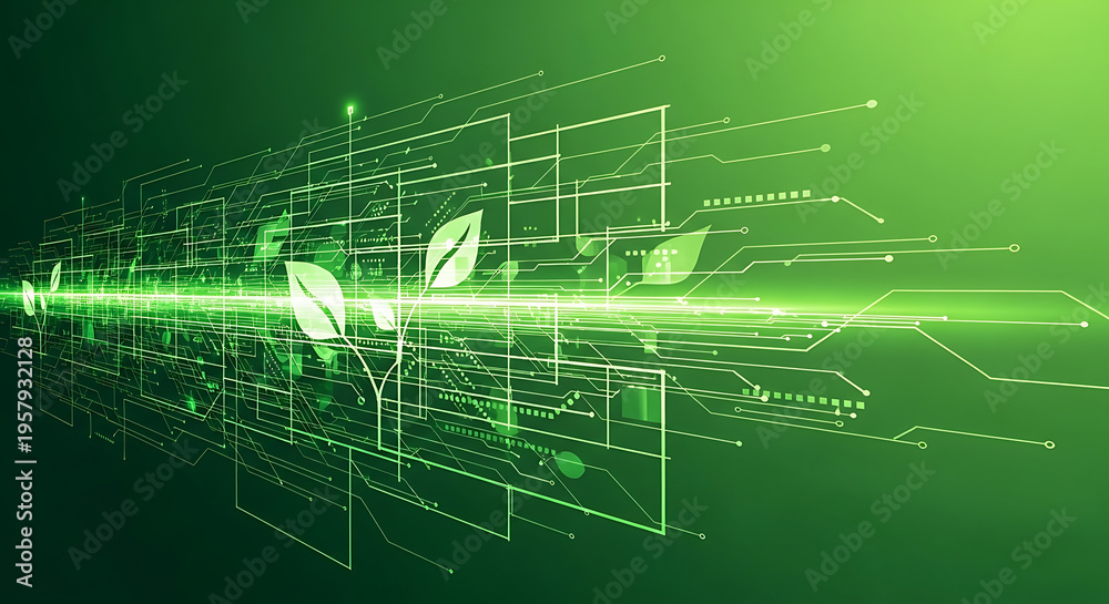 Obraz premium Green technology visualization featuring glowing digital grid in a futuristic abstract design highlighting sustainable energy concept with vibrant emerald light pattern and data connection.