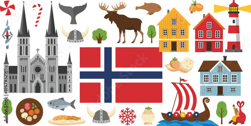 Norway map and culture icons set with flag viking ship houses moose church and traditional symbols flat vector illustration isolated