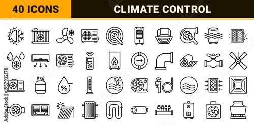 Advanced HVAC and Climate Control System Engineering, Minimalist Geometric Line Art Outline Icons for Smart Home and Industrial Cooling.