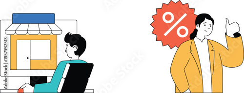 Online shopper enjoying a significant discount from a smiling salesperson