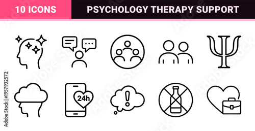 Mental Health and Psychology Minimalist Monoline Icon Set, Professional Counseling and Behavioral Therapy Geometric Line Art Symbols