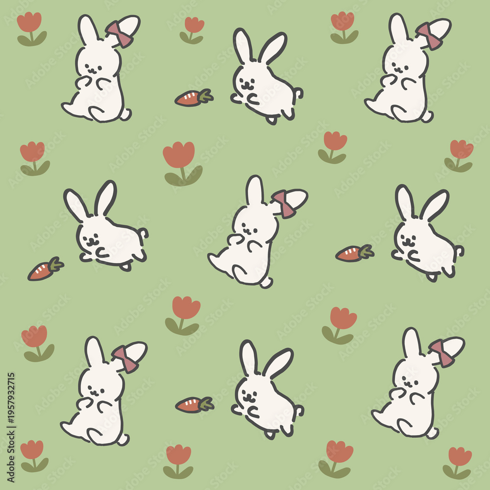 Fototapeta premium Cute Bunny Seamless Pattern with Carrots – Hand Drawn Rabbit Background