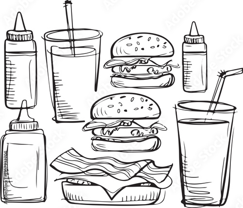 Set of hand drawn fast food burgers drinks sauces and fries isolated on white background for menu design