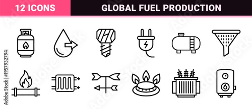 Heavy Industry Energy and Petrochemical Infrastructure Outline Graphics, Minimalist Monoline Engineering and Fuel Production Symbols