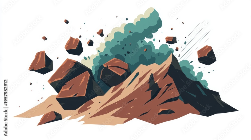 Fototapeta premium Dynamic cartoon illustration of a massive landslide on a mountain, large boulders and dust clouds tumbling down the slope, flat design with simple shapes and bold colors, action lines indicating