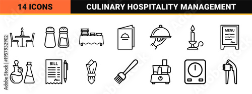 Minimalist Restaurant and Fine Dining Monoline Icon Set featuring Geometric Culinary Outlines and Sophisticated Hospitality Symbols.