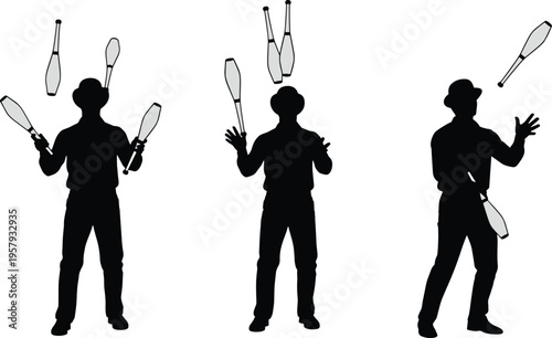 Juggler silhouette performing with juggling clubs, circus performer entertainment act isolated black street performance figure illustration set