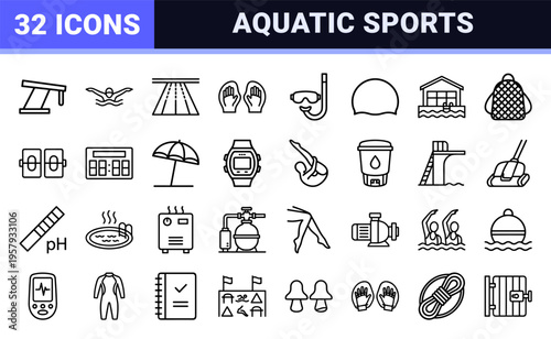 Aquatic Sports and Competitive Swimming Minimalist Monoline Icon Set featuring Olympic Strokes Pool Equipment and Lifeguard Safety Equipment