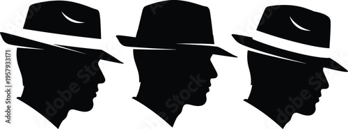 Man wearing fedora hat silhouette profile collection, mysterious male character side view, detective style isolated black silhouette set