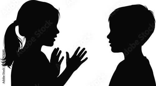 Mother and child talking silhouettes, parenting conversation, family communication concept, parent explaining child behavior education isolated vector illustration