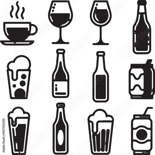 Solid black drink icons featuring coffee cup wine glasses beer mug bottles and aluminum cans in simple silhouettes