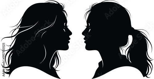 Mother and daughter face profile silhouettes, family relationship communication concept, female parent and child talking isolated black vector illustration