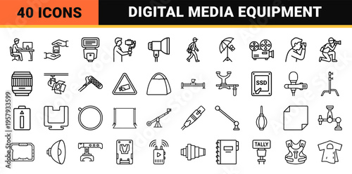 Cinematography and Video Production Equipment Minimalist Monoline Outline Icons for Professional Film Crew and Digital Content Creation