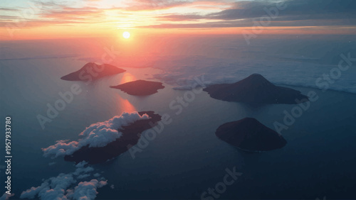 Aerial view of islands at sunset, ocean landscape