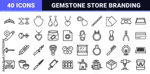 Minimalist Jewelry and Gemstone Outline Icons featuring Geometric Diamond Rings, Luxury Pendants, and Professional Jeweler Tools Art.