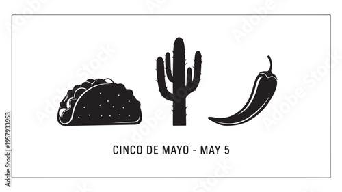 Taco cactus chili pepper Cinco de Mayo greeting card in black and white flat illustration for festive celebration