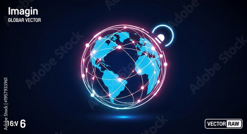 Glowing blue and pink neon globe with network connections on dark background symbolizing global communication and technology