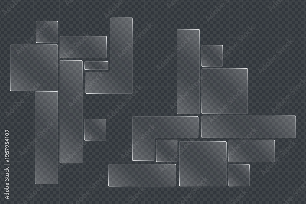 Obraz premium Frosted Glass Bento Box UI Elements with Realistic Transparency and Glossy Borders on Checkered Background
