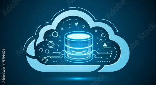 Cloud computing concept with glowing blue database server and symbols on a dark background