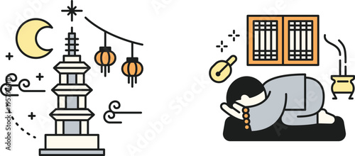 A serene depiction of traditional meditation and cultural elements under the moonlight