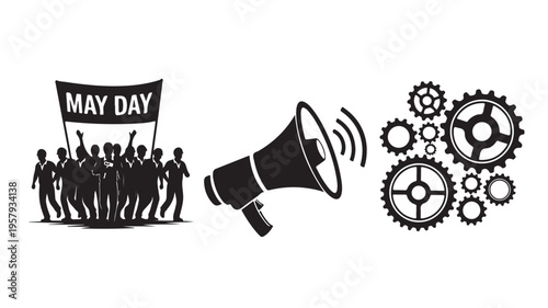 May Day protest illustration with megaphone and gears in black silhouette for labor movement