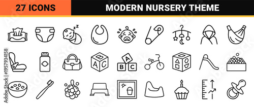 Infant Care and Nursery Essentials Line Art Featuring Minimalist Geometric Outlines for Pediatric Healthcare and Parenting Applications