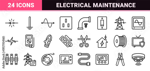 Minimalist Electrical Maintenance Line Art: Geometric Vector Symbols for Power Engineering, Industrial Circuitry, and Energy Infrastructure