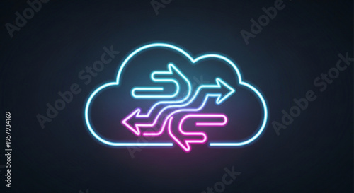 Neon cloud icon with interconnected arrows on dark background symbolizing data flow and technology