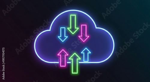 Neon cloud computing concept with colorful arrows on dark background symbolizing data transfer and storage