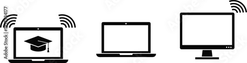 Online education devices icons, laptop and desktop with wireless signal, e learning concept, digital study technology, flat vector illustration
