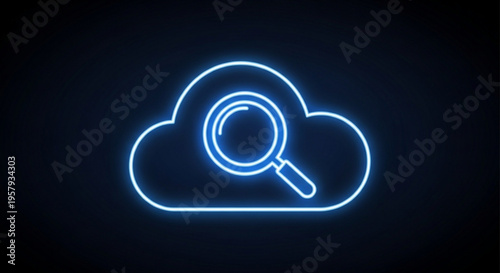 Neon cloud computing concept with magnifying glass icon on dark background for data search and analysis