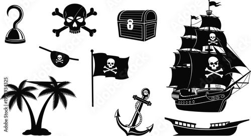 pirate adventure icon set, skull crossbones ship illustration, treasure chest hook anchor palm tree vector, nautical black silhouette design