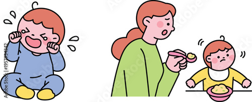 A caregiver tries to feed two babies while one child cries and the other reacts with surprise