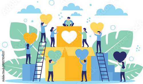 Team building love and support concept with people holding hearts collaboration care and community flat vector illustration isolated on white background