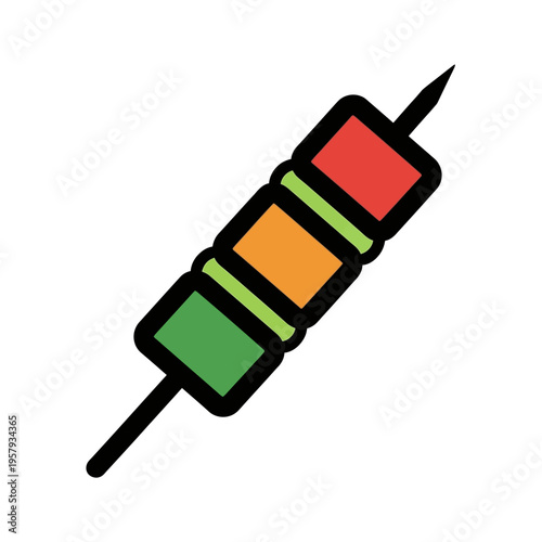 A simple, stylized illustration of a skewer with three colorful food cubes: red, orange, and green, on a white background.