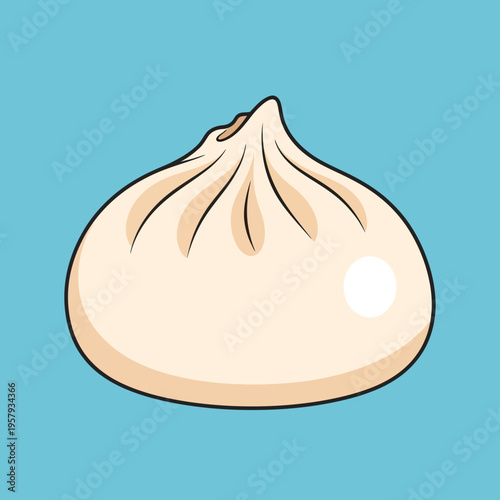 A simple, stylized illustration of a single, plump steamed bun with a creamy white exterior and delicate pleats at the top, set against a solid, light blue background.