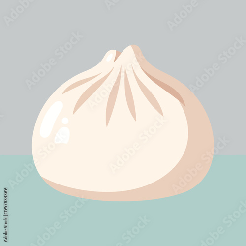 A simple, stylized illustration of a single, plump, white steamed bun with delicate pleats at the top, set against a soft grey background with a light teal base.