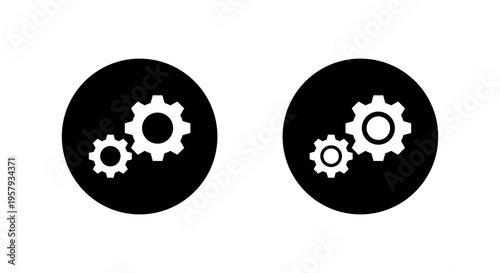Gear settings icon in black circle. System configuration symbol. Adjustment sign