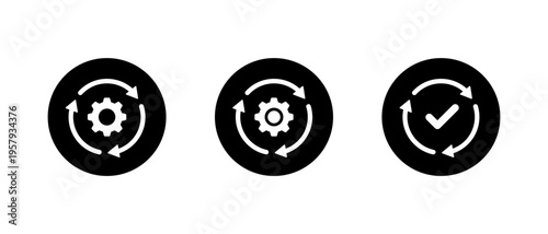 Gear sync icon in black circle. System update symbol