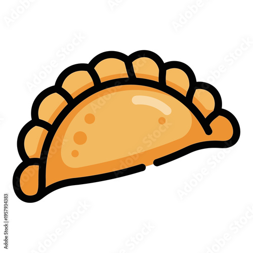 A simple, stylized illustration of a golden-brown empanada with a crimped edge, set against a white background.